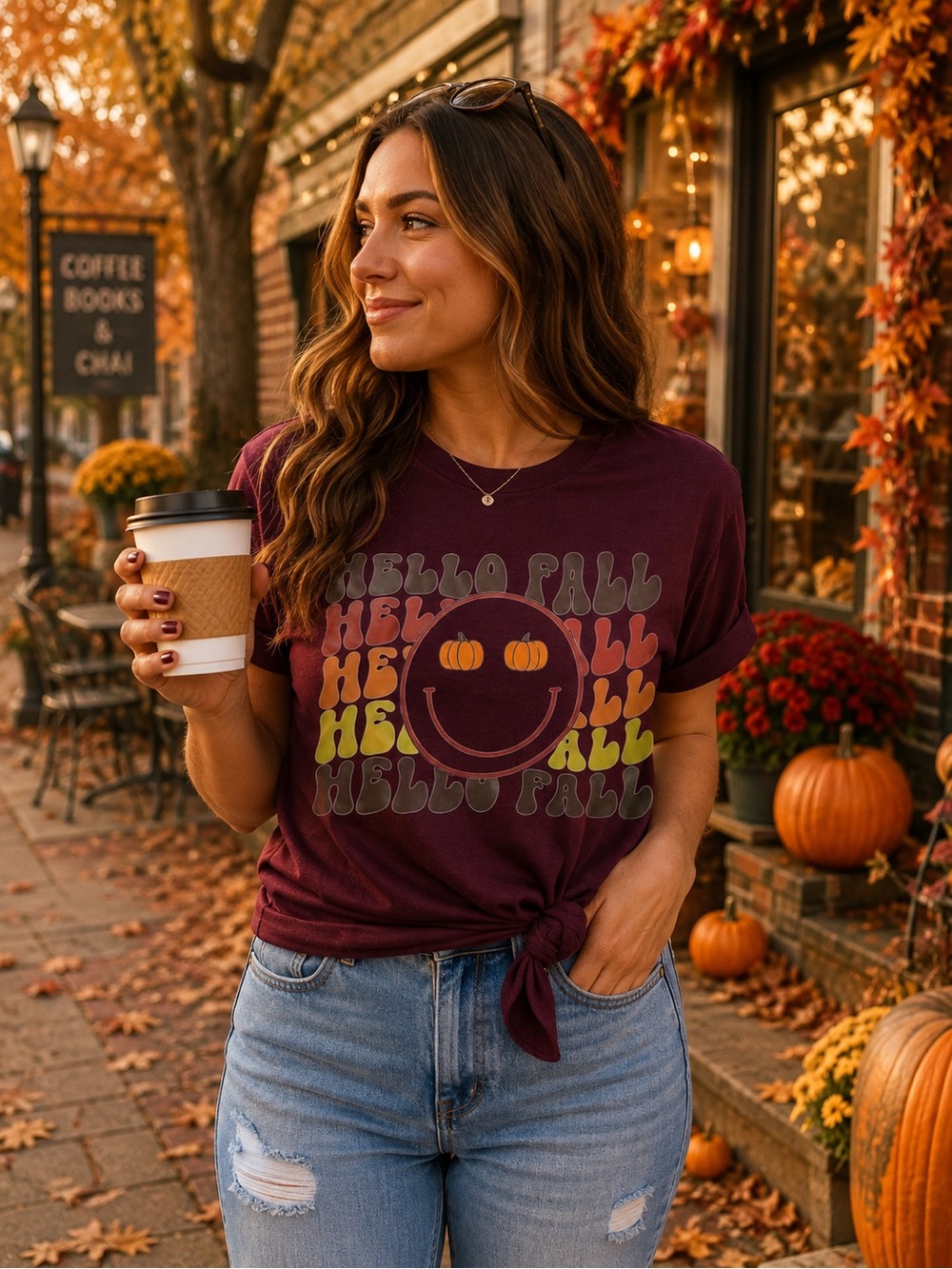 Women’s Burgundy 'Hello Fall' Graphic Tee - Seasonal Pumpkin Smile